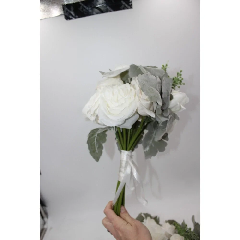 Wedding Artificial Flower Bouquet Lot of 3 Bridesmaid Bridal Flower Girl WHITE